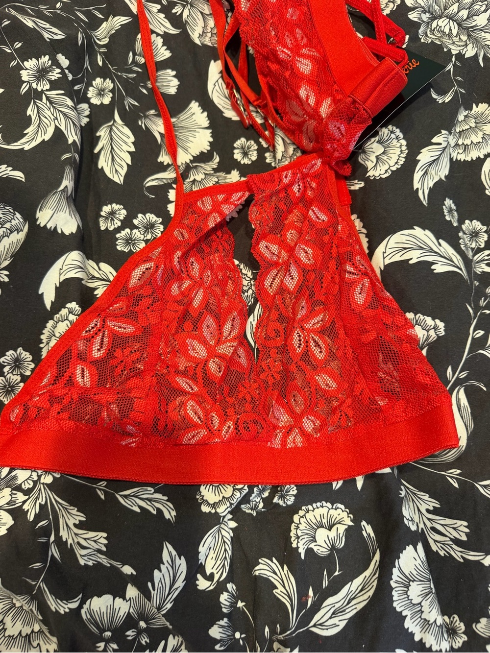 Popsi Lingerie Red Two Tone Halter Bralette Garter Panty 3 Piece Set